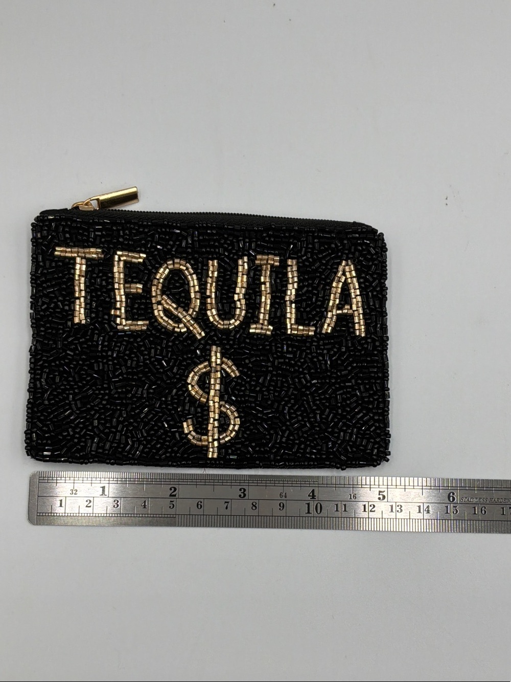 Black Beaded 'TEQUILA $' Zip Pouch - Picture 2 of 3